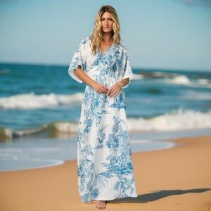 BALTICBORN Dara Maxi Dress Ivory & Blue Kimono Sleeves Wedding Brunch V-Neck NWT